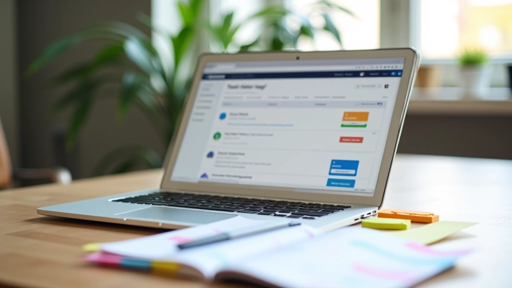 Laptop scherm met prioriteitenlijst, kleurgecodeerde taken, kanban-style organisatie