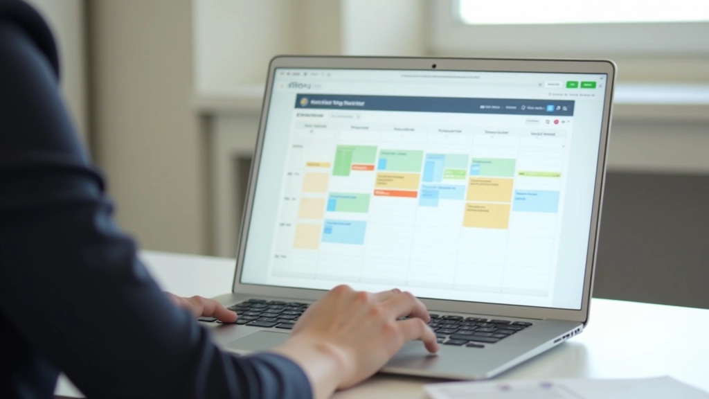 Digitale kalender op laptop scherm met gekleurde blokken en activiteiten ingedeeld