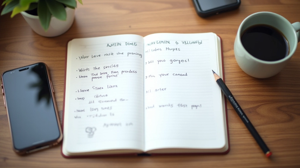 Notitieboek met handgeschreven aantekeningen op houten bureau met koffiekopje en smartphone