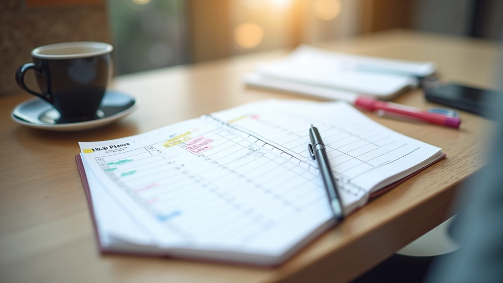 Geschreven timeblocking schema in notitieboek met gekleurde markeringen en dagindeling