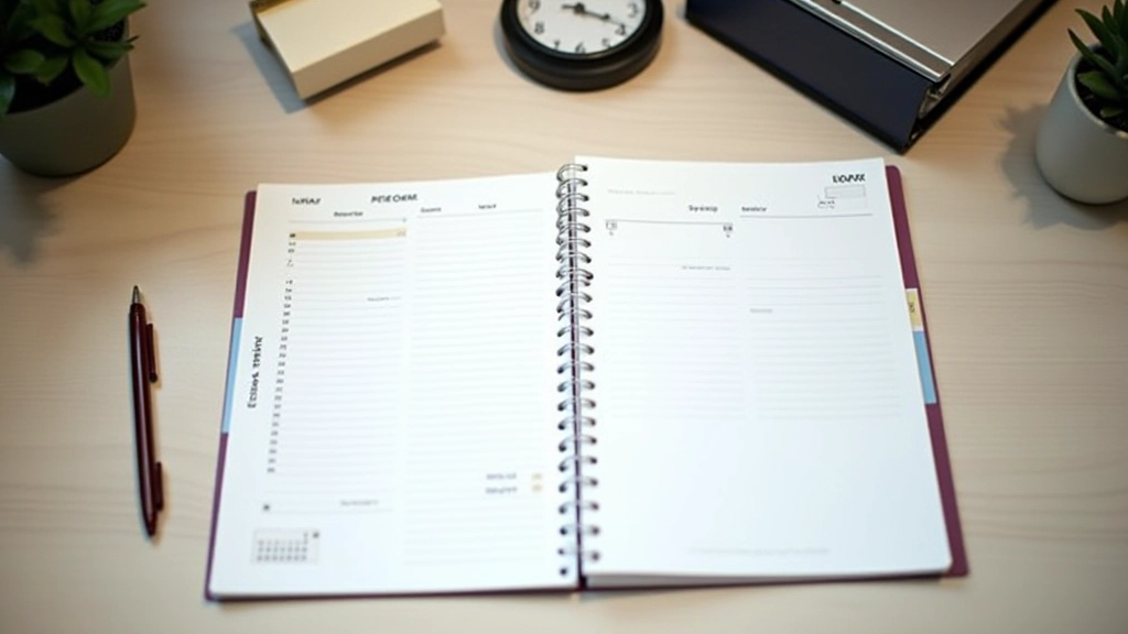 Kalender met duidelijk gemarkeerde werkuren, klok toont einde werkdag, organizer met persoonlijke activiteiten geplant