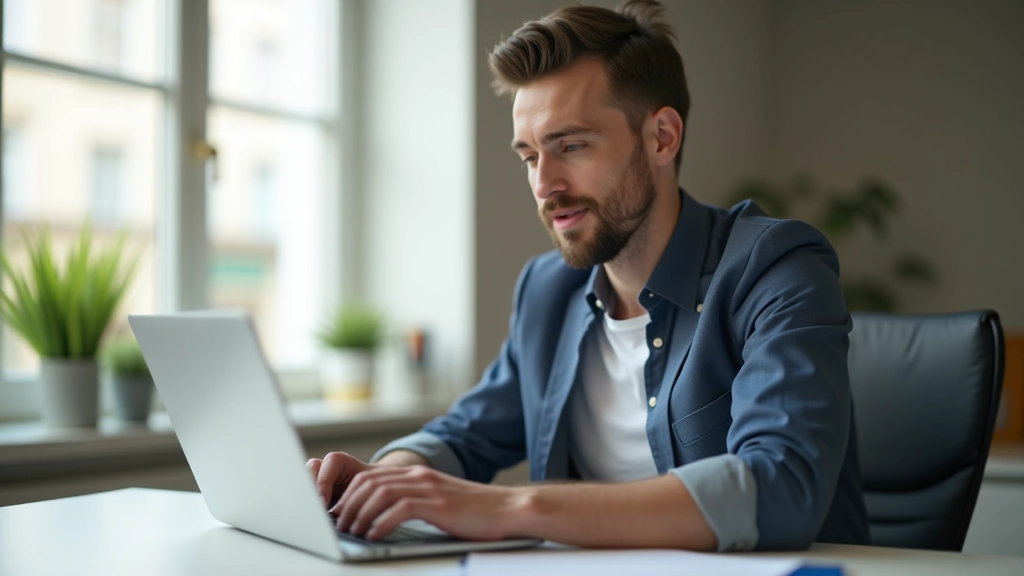 Laptop op schoon bureau met notitieboek en pen, persoon aan het werk, focus op werkplek