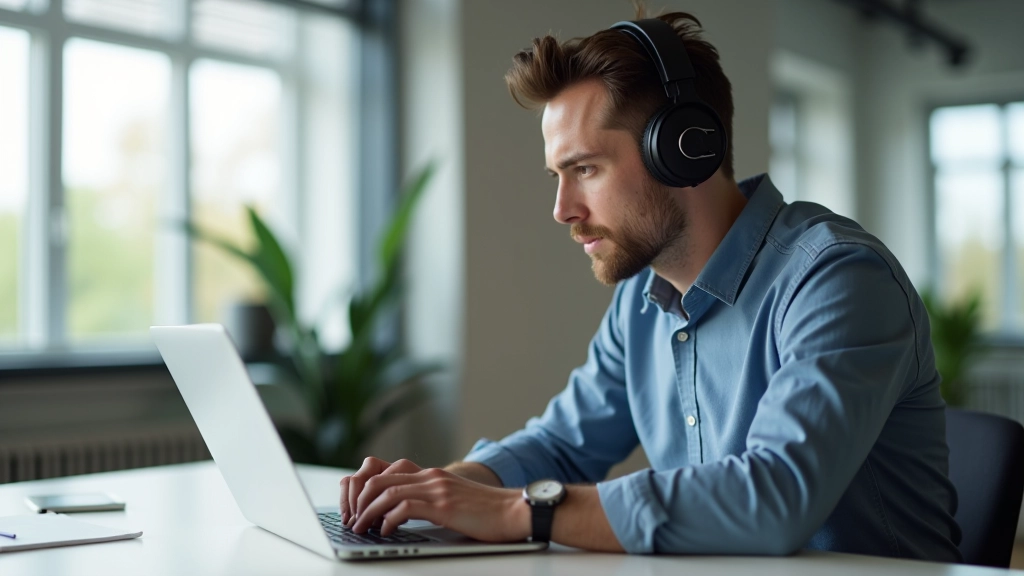 Persoon werkt gefocust aan laptop met koptelefoon, rustige kantoor omgeving