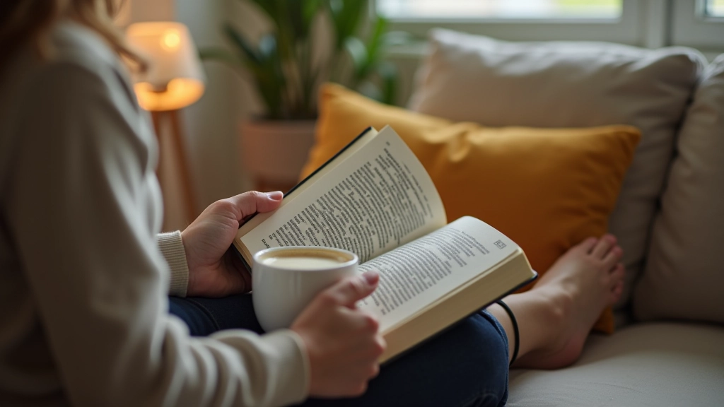 Persoon geniet van privétijd, leest boek, koffie in hand, thuis in gezellige omgeving, ontspannen houding