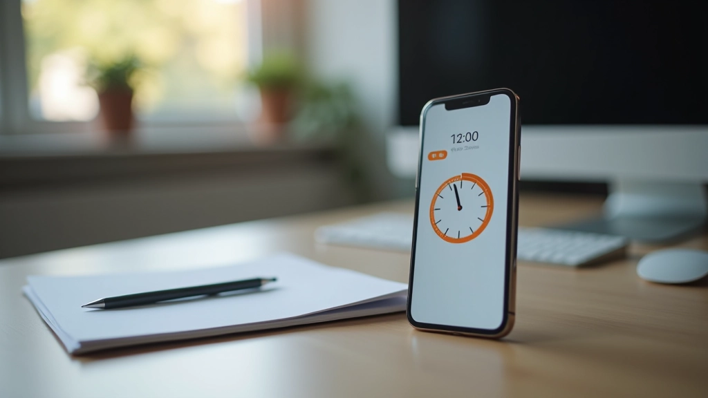 Smartphone met timer app voor Pomodoro-techniek op werkbureau