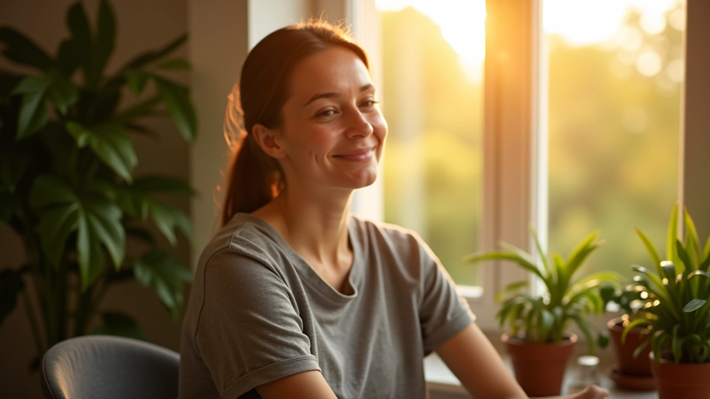 Persoon in balans, half werkende en half ontspannende sfeer, werk-privé scheiding visueel